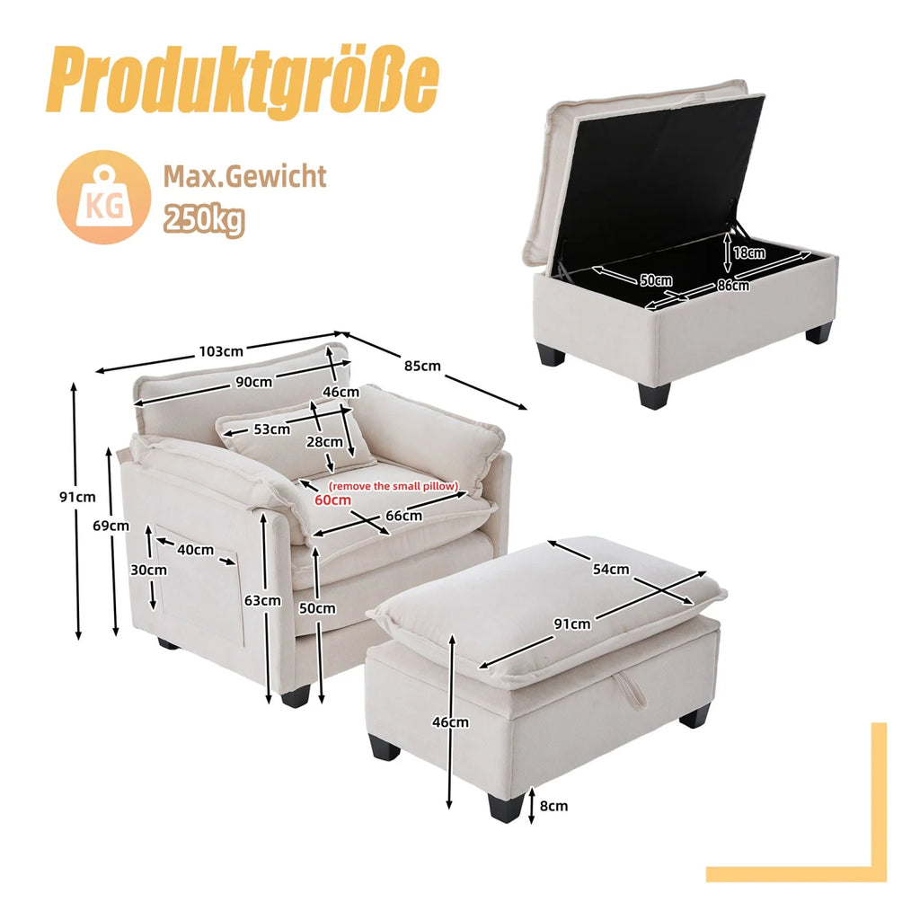 armchair with footrest and stool, velvet lounge chair with side pockets and pillows, comfortable reading chair for living room