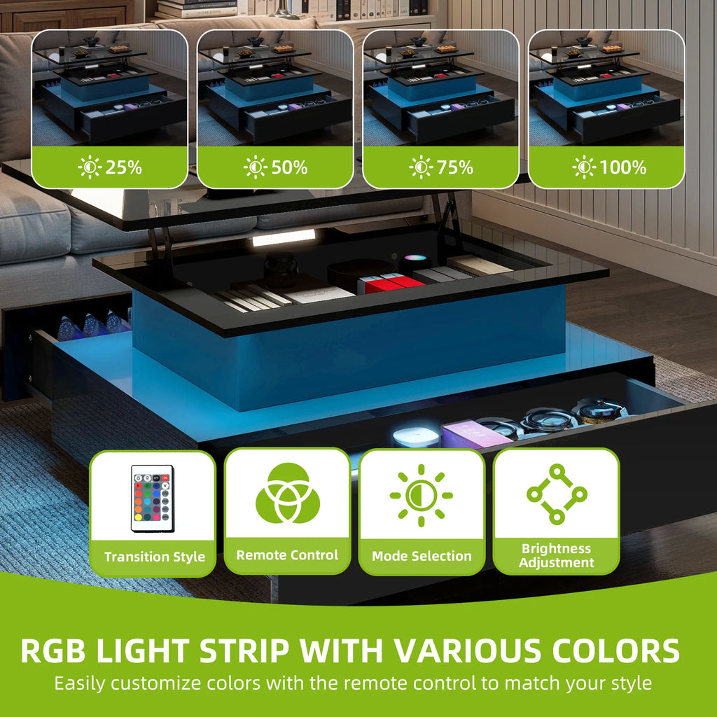 YITAHOME Lift-Top Coffee Table - Rectangular Modern Design with 16-Color LED Lighting & 2 Drawers, Elevated Lighted Surface
