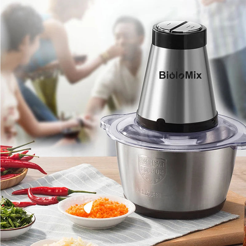 BioloMix 2 Speeds 500W Stainless steel 2L Capacity Electric Chopper Meat Grinder Mincer Food Processor Slicer