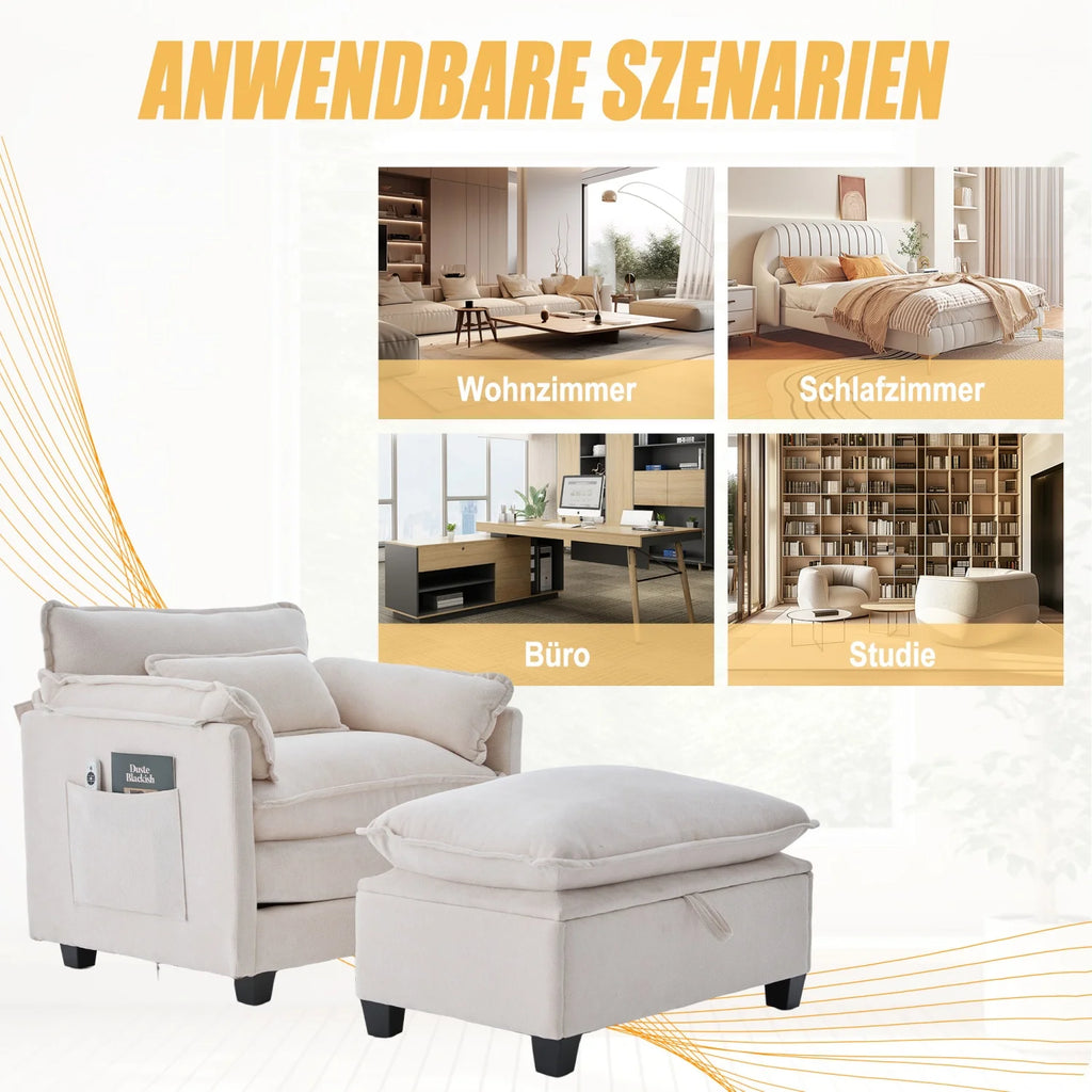 armchair with footrest and stool, velvet lounge chair with side pockets and pillows, comfortable reading chair for living room