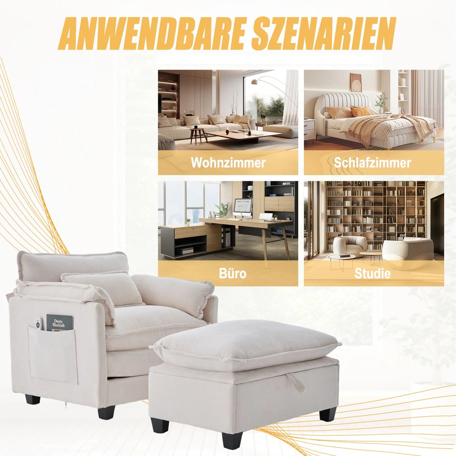 armchair with footrest and stool, velvet lounge chair with side pockets and pillows, comfortable reading chair for living room