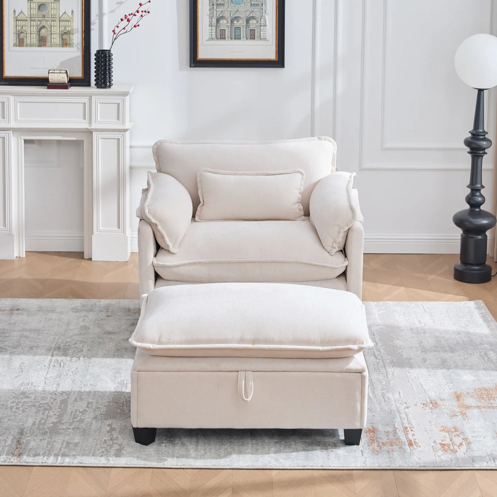 armchair with footrest and stool, velvet lounge chair with side pockets and pillows, comfortable reading chair for living room