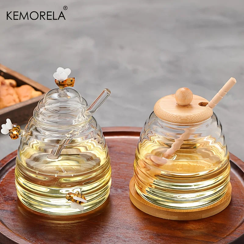 KEMORELA Glass Honeycomb Tank Kitchen Tools Honey Storage Container with Dipper and Lid Honey Bottle for Wedding Party Dining