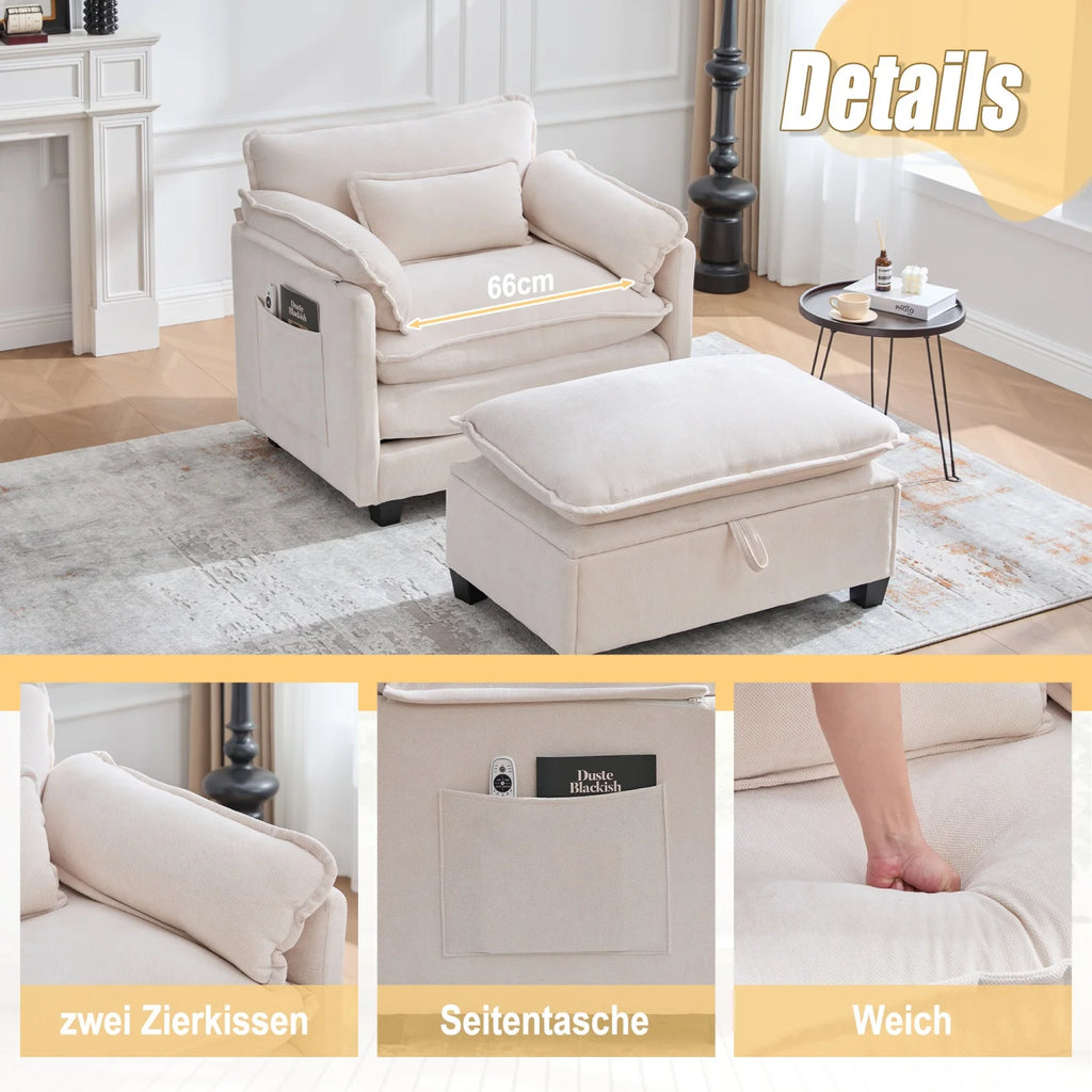 armchair with footrest and stool, velvet lounge chair with side pockets and pillows, comfortable reading chair for living room