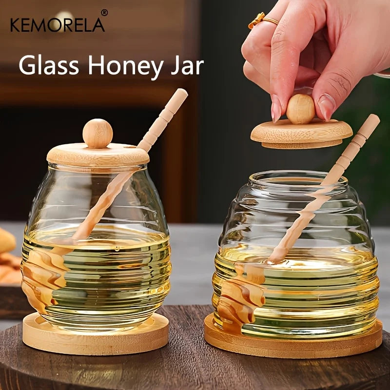 KEMORELA Glass Honeycomb Tank Kitchen Tools Honey Storage Container with Dipper and Lid Honey Bottle for Wedding Party Dining