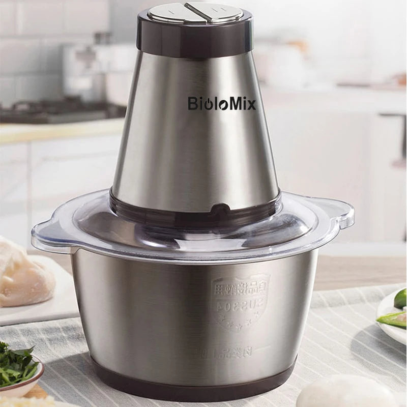 BioloMix 2 Speeds 500W Stainless steel 2L Capacity Electric Chopper Meat Grinder Mincer Food Processor Slicer