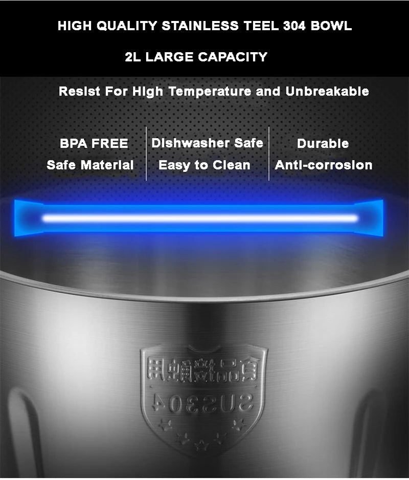 BioloMix 2 Speeds 500W Stainless steel 2L Capacity Electric Chopper Meat Grinder Mincer Food Processor Slicer