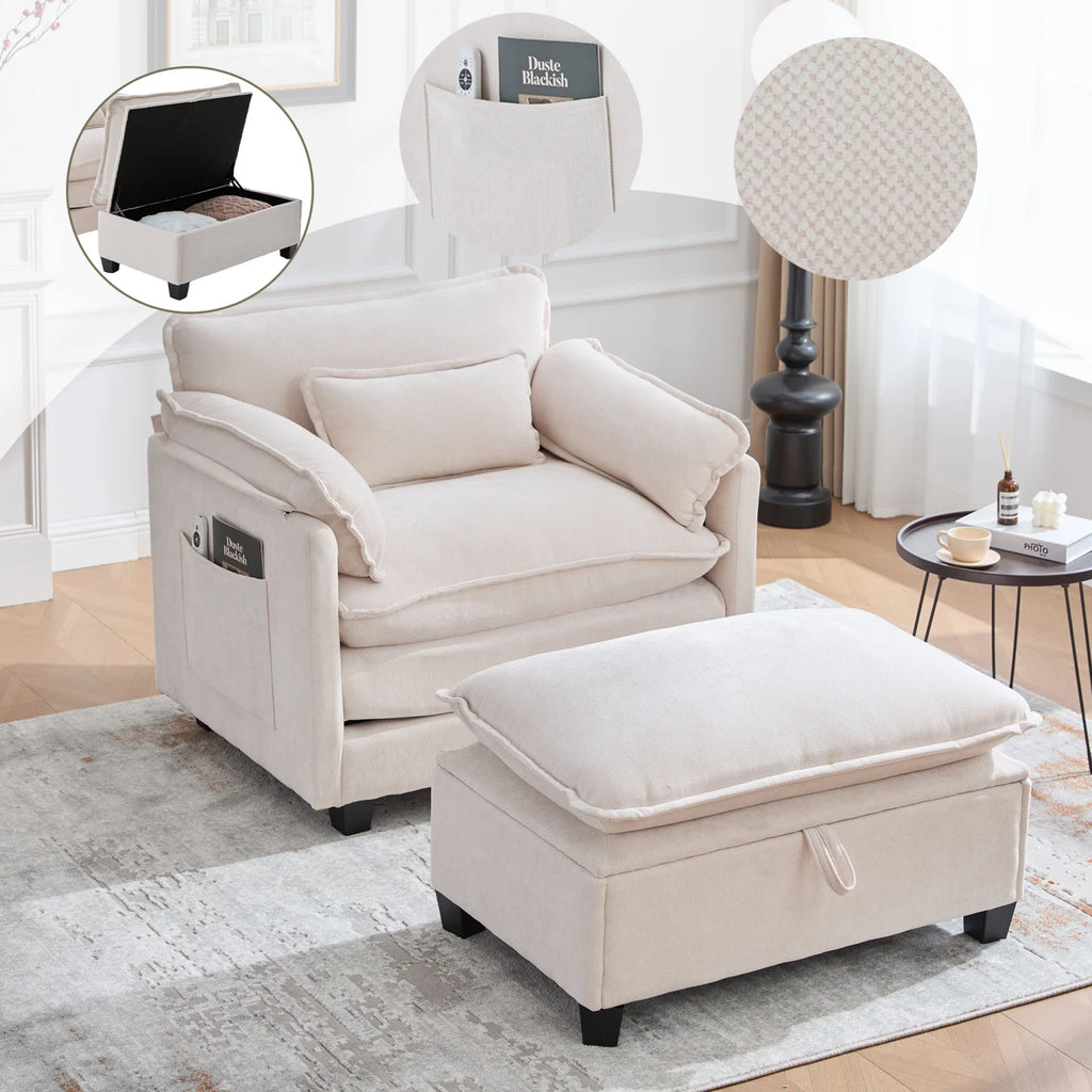 armchair with footrest and stool, velvet lounge chair with side pockets and pillows, comfortable reading chair for living room