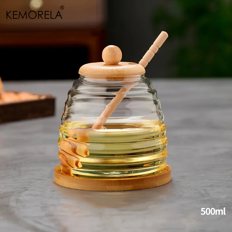 KEMORELA Glass Honeycomb Tank Kitchen Tools Honey Storage Container with Dipper and Lid Honey Bottle for Wedding Party Dining