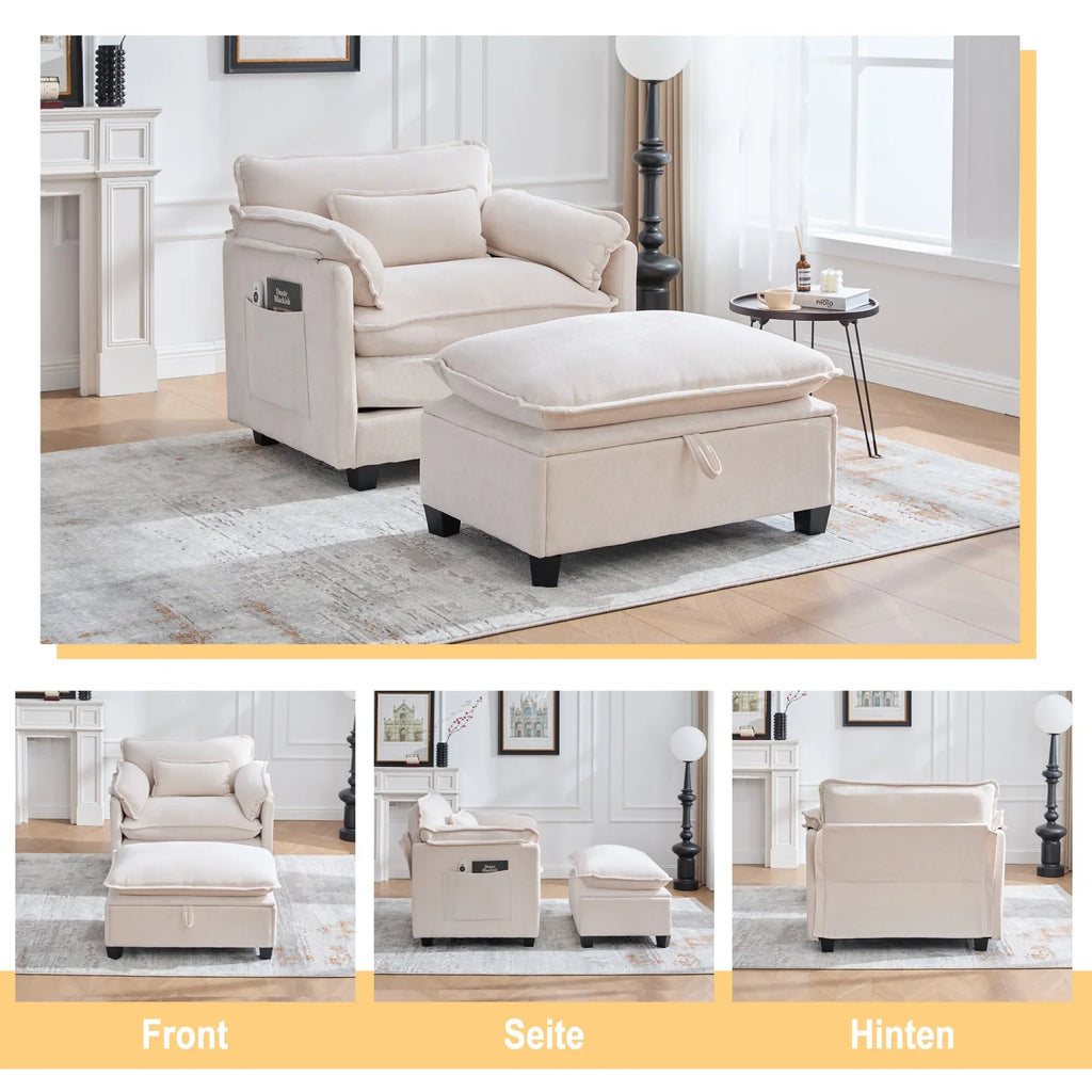 armchair with footrest and stool, velvet lounge chair with side pockets and pillows, comfortable reading chair for living room