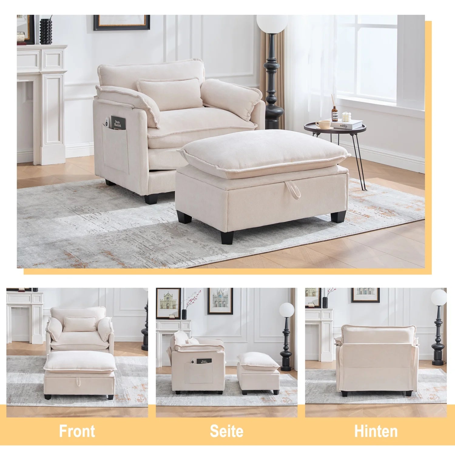 armchair with footrest and stool, velvet lounge chair with side pockets and pillows, comfortable reading chair for living room