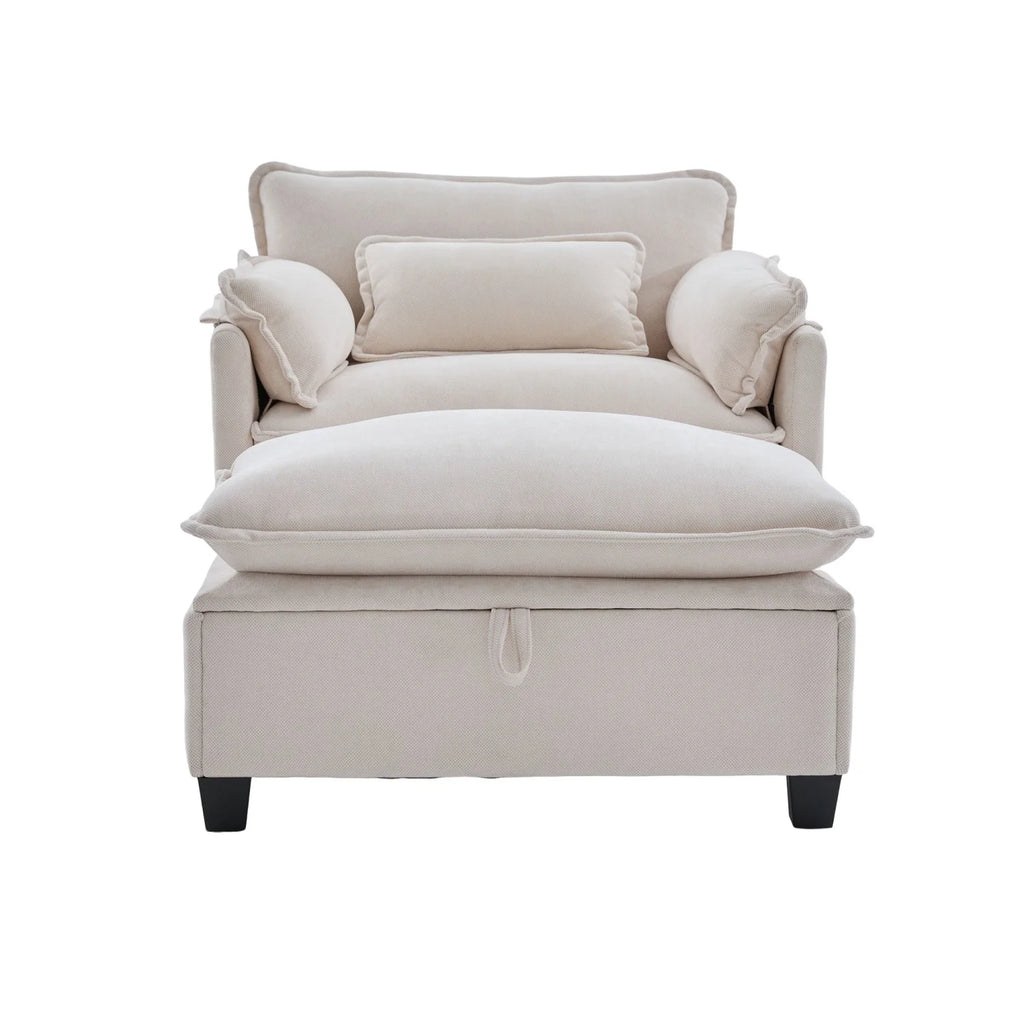 armchair with footrest and stool, velvet lounge chair with side pockets and pillows, comfortable reading chair for living room