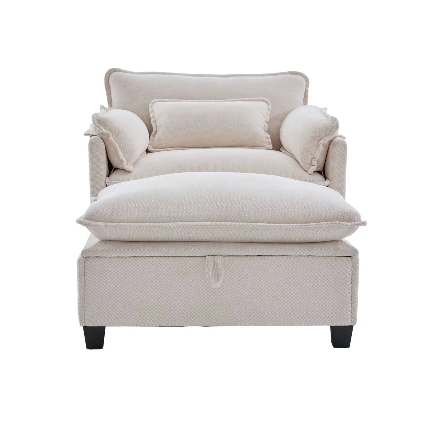 armchair with footrest and stool, velvet lounge chair with side pockets and pillows, comfortable reading chair for living room