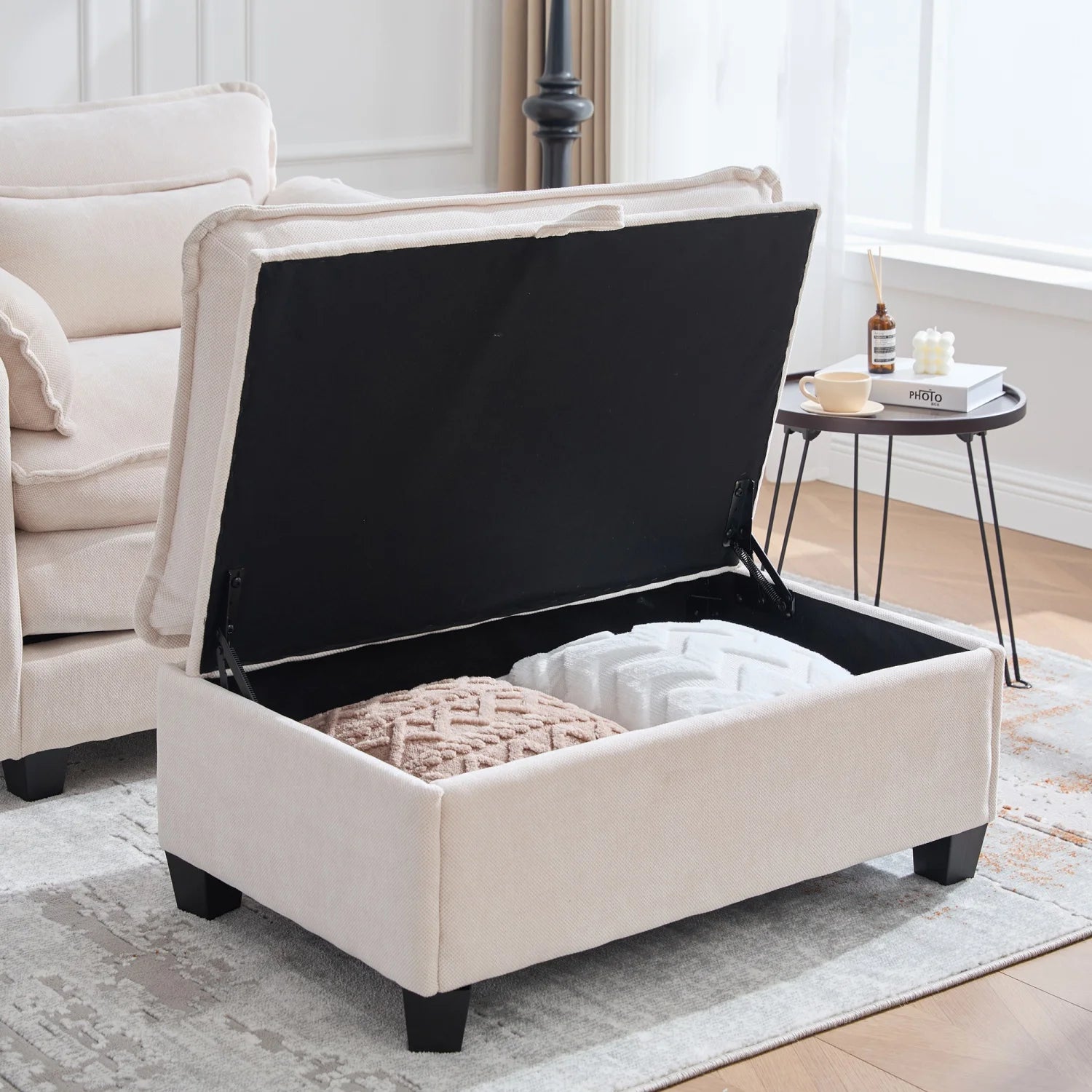 armchair with footrest and stool, velvet lounge chair with side pockets and pillows, comfortable reading chair for living room