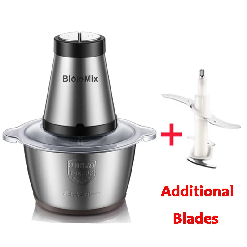 BioloMix 2 Speeds 500W Stainless steel 2L Capacity Electric Chopper Meat Grinder Mincer Food Processor Slicer