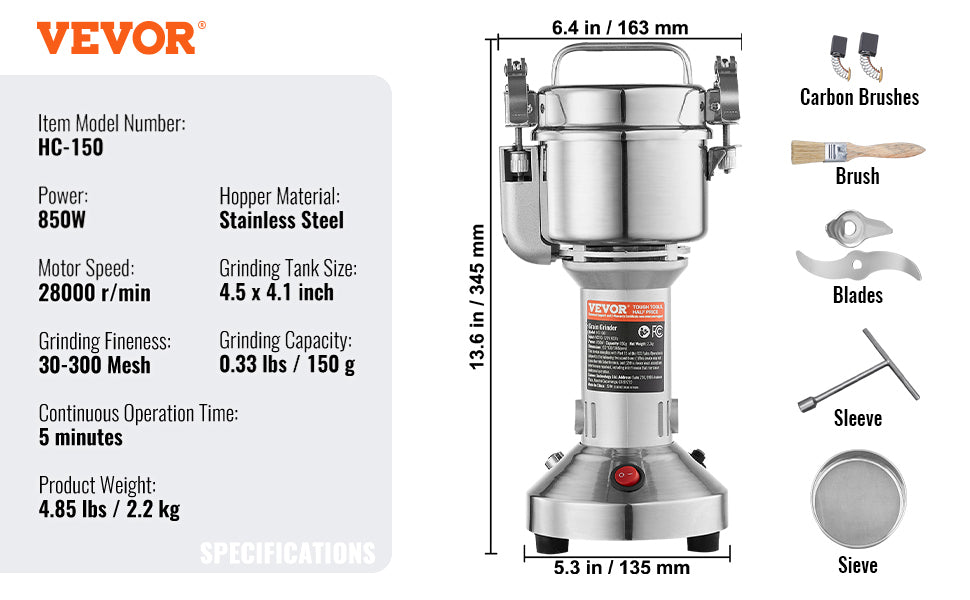 SucceBuy 150-2500g Electric Grain Mill Grinder Commercial Swing Spice Grinders for Dry Herbs Grains Spices Cereals Coffee Corn